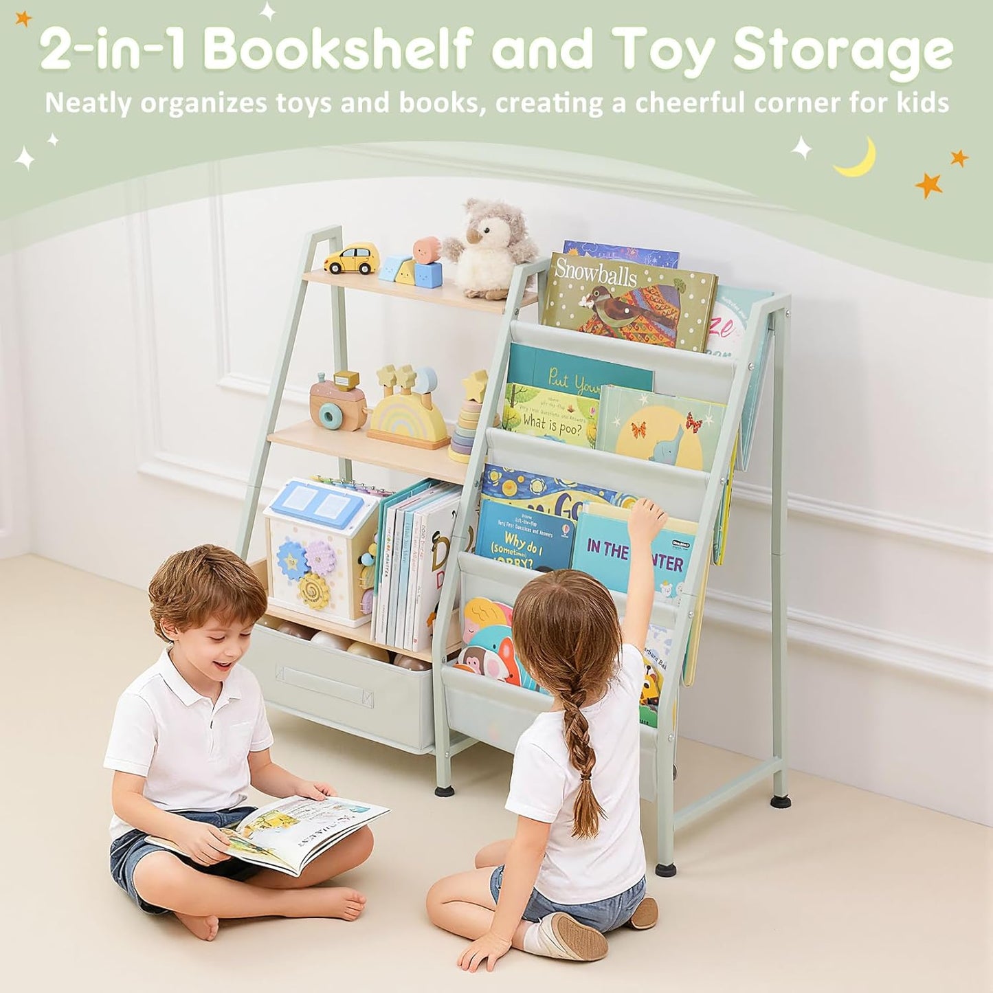 Fabuday Kids Bookshelf and Toy Storage Organizer - 4 Tiers Toddler Baby Sling Book Shelves for Kids Room, 3 Tier Montessori Childrens Bookcase for Nursery, Playroom, Classroom, Small Spaces