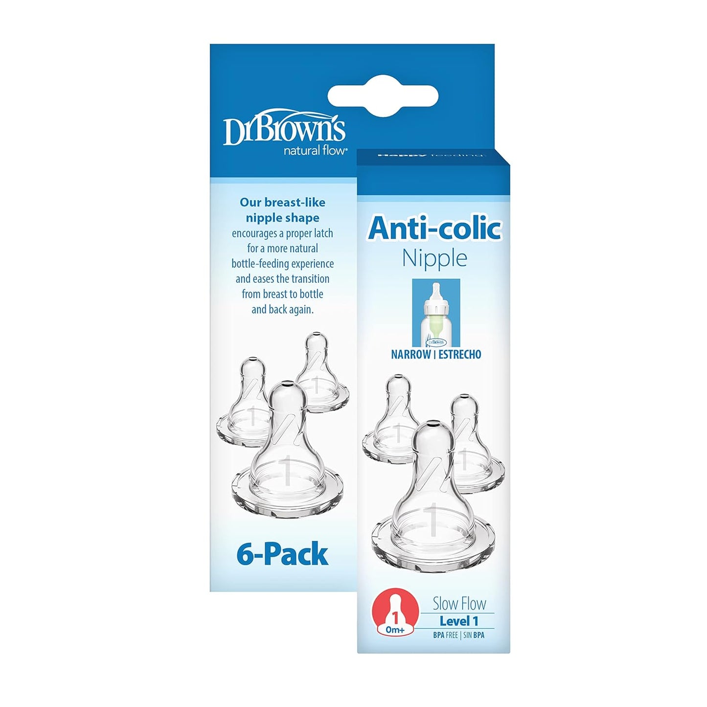 Dr. Brown's Natural Flow Level 1 Narrow Baby Bottle Silicone Nipple, Slow Flow, 0m+, 100% Silicone Bottle Nipple, 6 Count (Pack of 1)