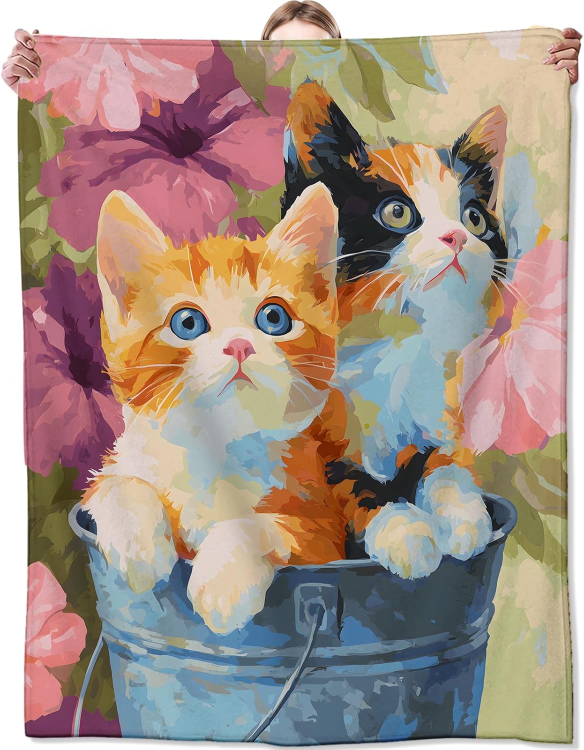 Floral Cat Flannel Blanket, Soft Cozy Throw with Flower Kitten, Lightweight Blankets for All Seasons, Colorful Oil Painting Home Sofa Bed Decor and Gifts for Women Kids Girls, 50x60 Inch