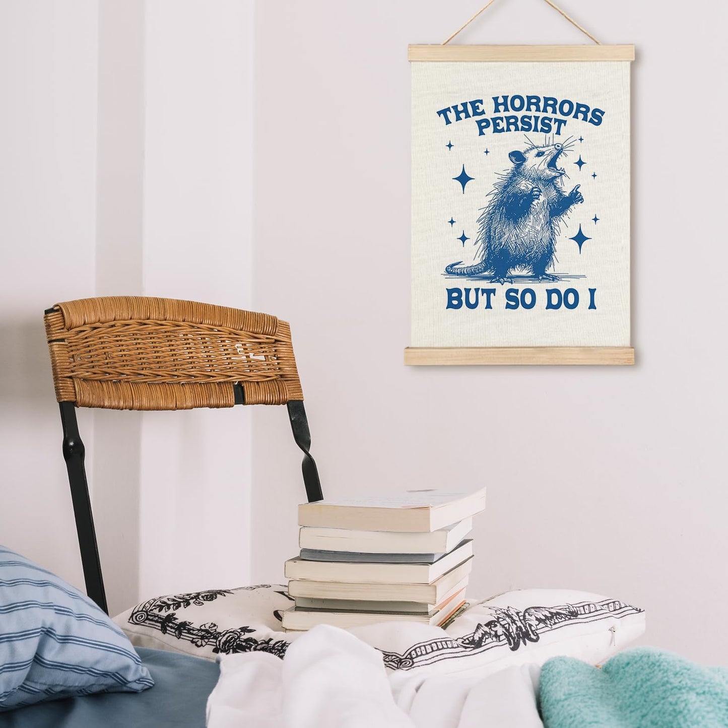 LZYRF Funny Opossum Mental Health Wall Art Poster Framed, Possum Gifts, Retro Blue Positive Affirmations Inspirational Canvas Prints Wall Decor for Therapy School Counseling Office, 12x16 Inch