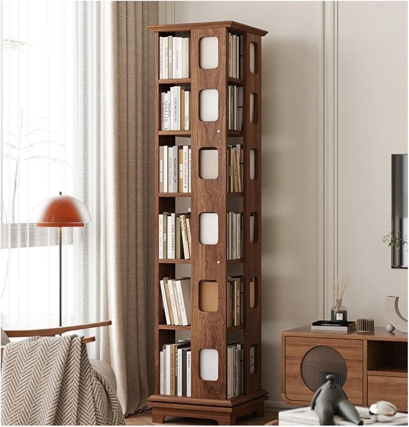 Solid Wood Rotating Bookshelf 360-degree Bookcase, Simple Space-Saving Creative Small Shelf for Living Room MINGPING (Color : 44x44x125cm Walnut Color) (44x44x132cm White)