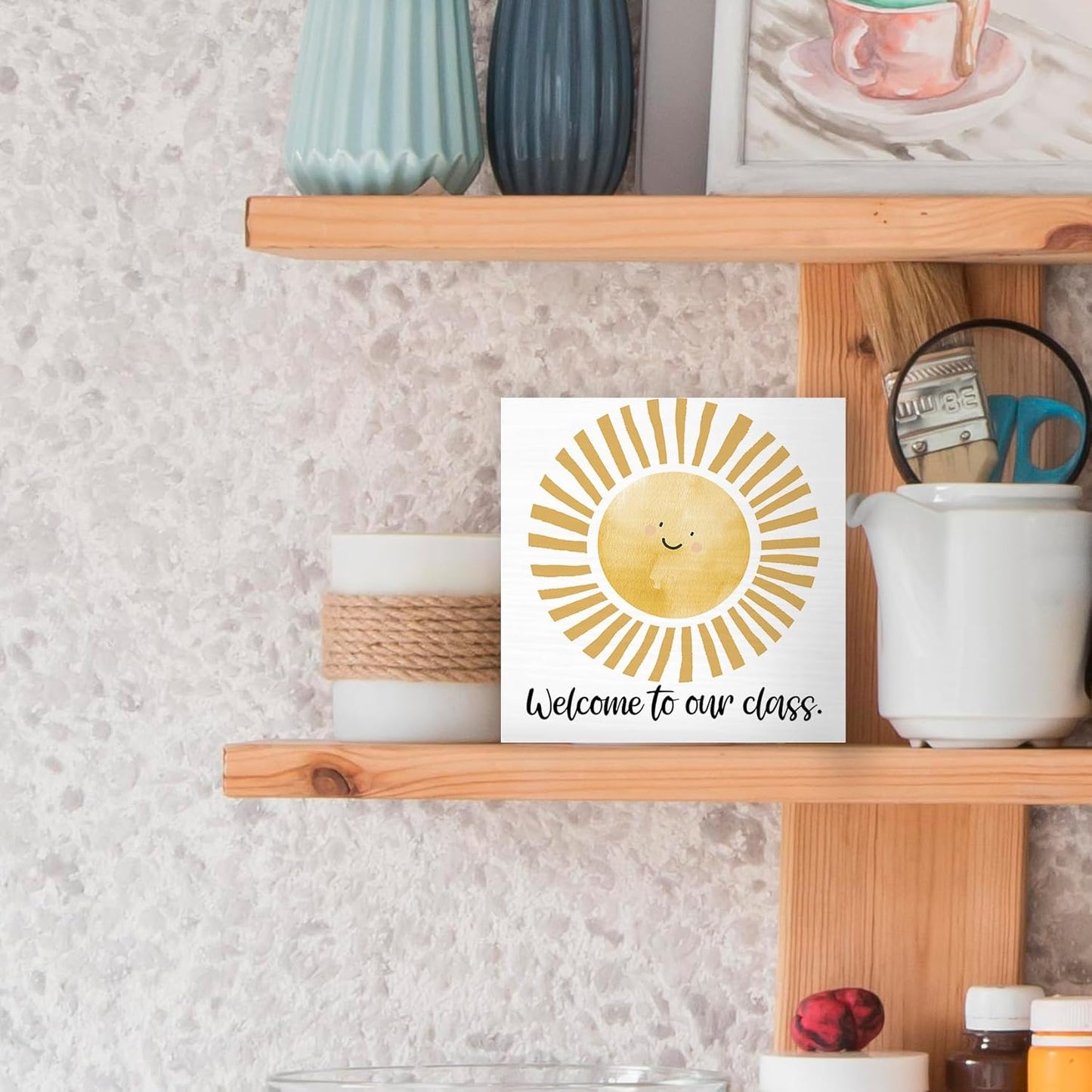 Boho Classroom Sunshine Wood Box Sign Desk Decor 8X8, Pop Smiles Rustic Welcome To Our Calss Wooden Sign Decorations for School Classroom Library Reading Nook Corner Wall Tabletop Shelf Decor