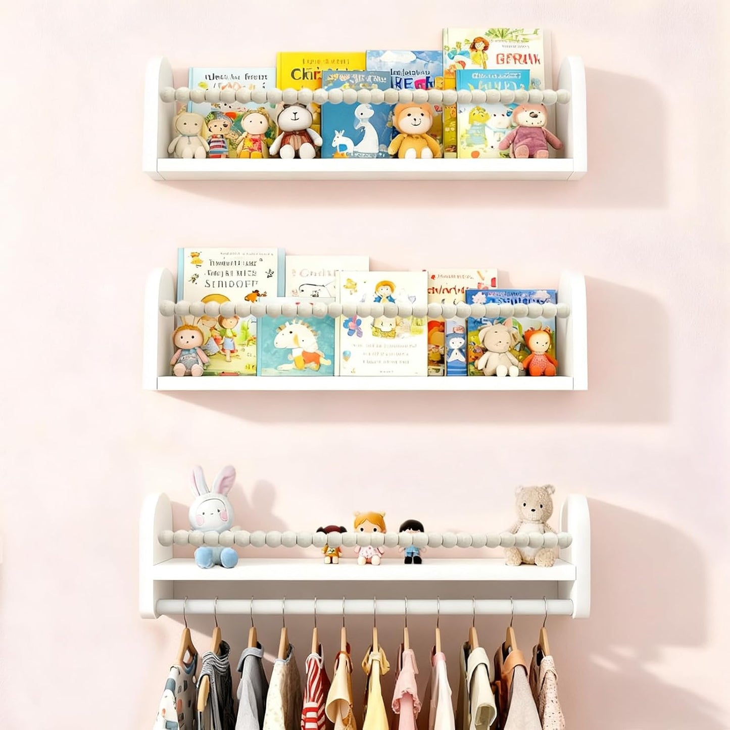 OurWarm Nursery Book Shelves for Wall Set of 3, White Natural Wood Nursery Floating Shelves with Towel Bar, Wall Mounted Floating Bookshelves for Baby Room Kids Room Living Room Storage and Decor