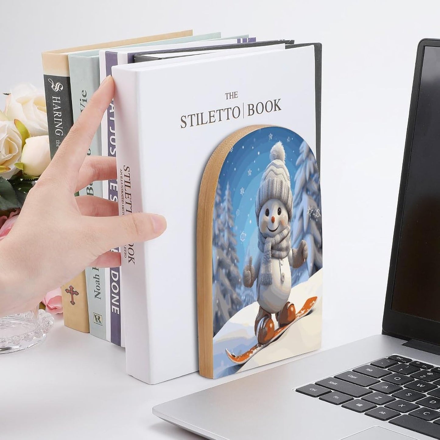Non-Slip Bookend for Shelves Cute Snowboard Snowman Wooden Bookends with Metal Base Decorative Book Stopper for Home Heavy Duty Wood Book Storage for Books/CDs