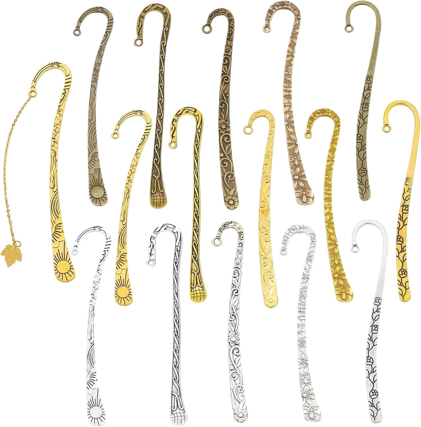 15 Pack Gold Metal Bookmark Hook DIY Bookmarks Antique Tibetan Carved with Loop for Crafting (5 Styles & Silver/Gold/Bronze)