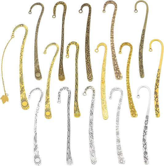 15 Pack Gold Metal Bookmark Hook DIY Bookmarks Antique Tibetan Carved with Loop for Crafting (5 Styles & Silver/Gold/Bronze)