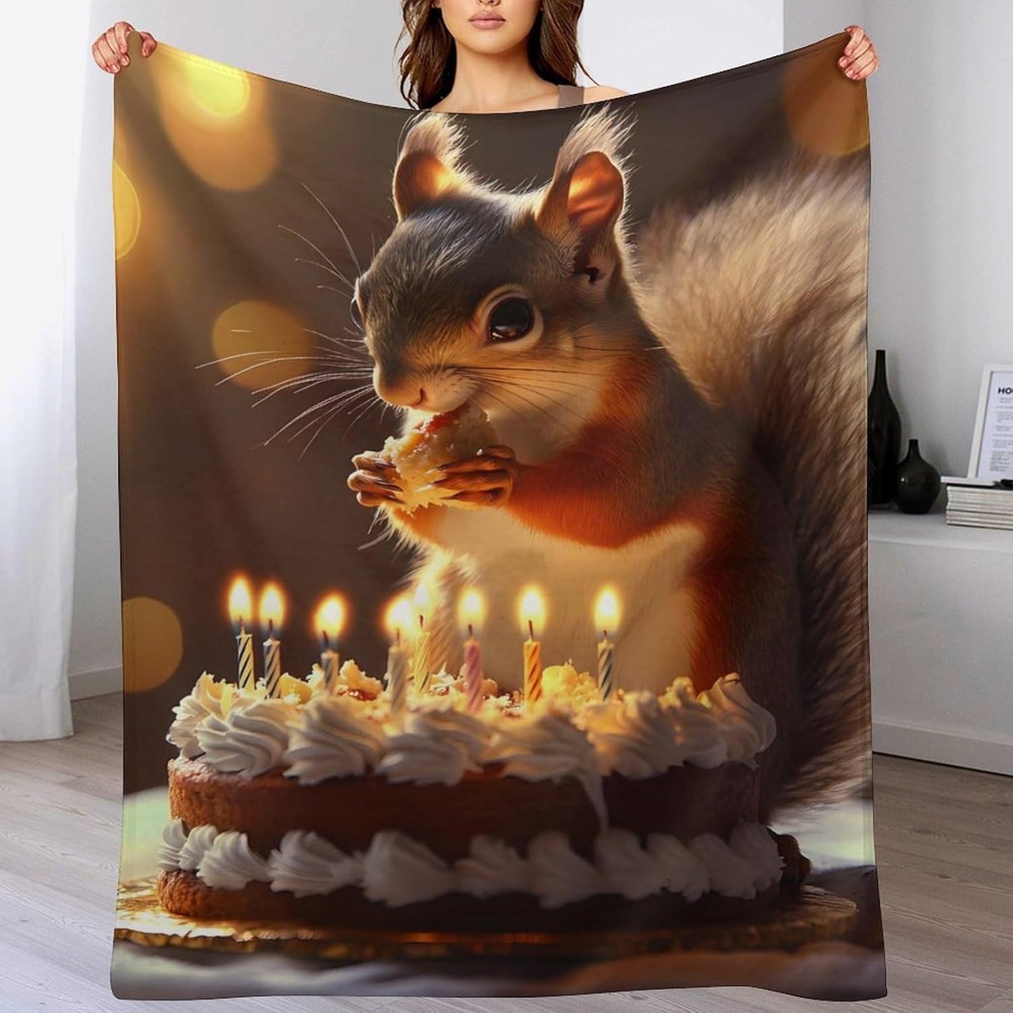 Squirrel Birthday Cute Throw Blanket for Couch Bed Plush Cozy Fuzzy Flannel Blanket for All Season 60"x80"