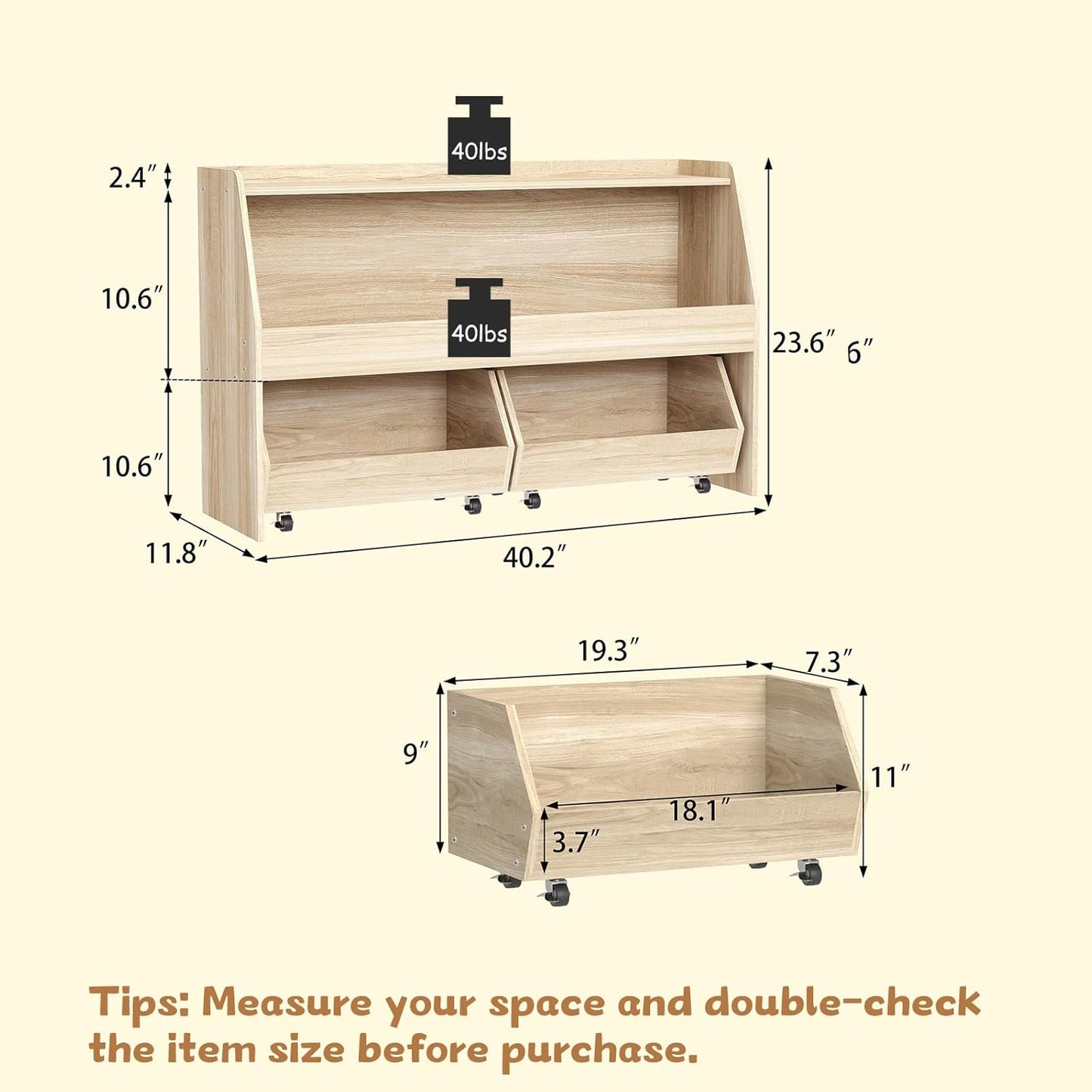 COZPAW Toy Storage Organizer, 2 Tier Montessori Shelf with Movable Bins (Wood)