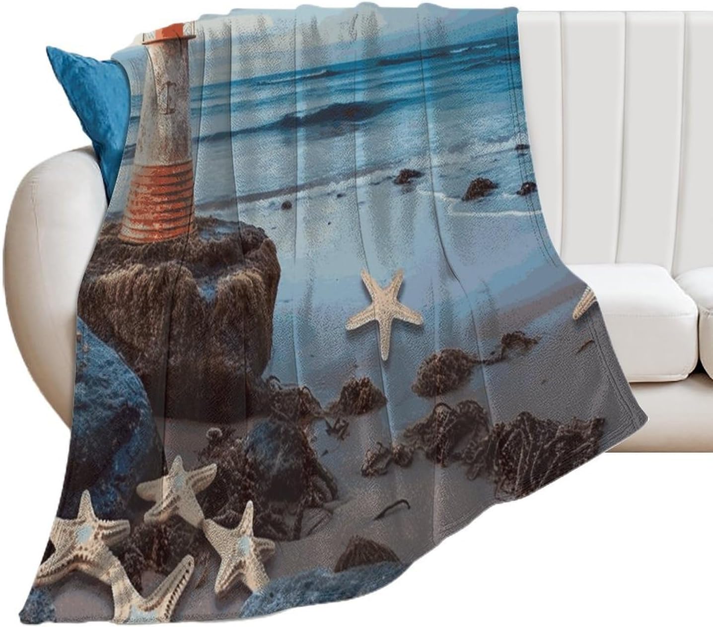 Starfish Lighthouse Beach Blanket Super Soft Lightweight Throw Blanket Cute Cozy Warm Bed Blanket Decorative Fuzzy Blanket All-Season Home Decor Gift for Sofa Couch Living Room 50"*60"（130 * 150cm）