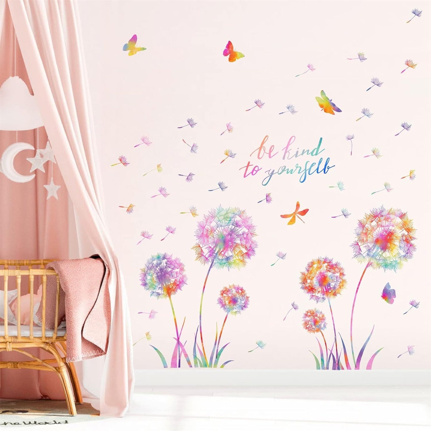 Large Dandelion Wall Decals Colorful Flower Wall Decals Peel and Sticks Wall Art Sticker Floral Butterflies Dragonfly Wall Murals Sticker Inspirational Wall Stickers for Girl Bedroom Living Room Decor