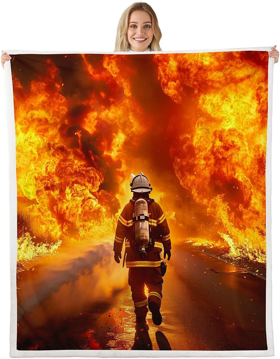 Fireman Sherpa Blanket Firefighter Printed Blanket for Sofa Couch Bed Burning Fire Fleece Throw Blanket Fire Fighting Hero Warm Flannel Blanket Room Decor Plush Fuzzy Blanket Twin 60"x80"