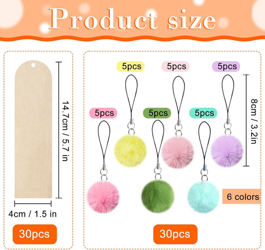 30 Pcs Wooden Bookmark,5.7x1.5 in Blank Bookmarks to Decorate with 30 Pcs Colorful Pom Pom Bookmark Tassels,Wooden Bookmarks for Books, Keys, Bags