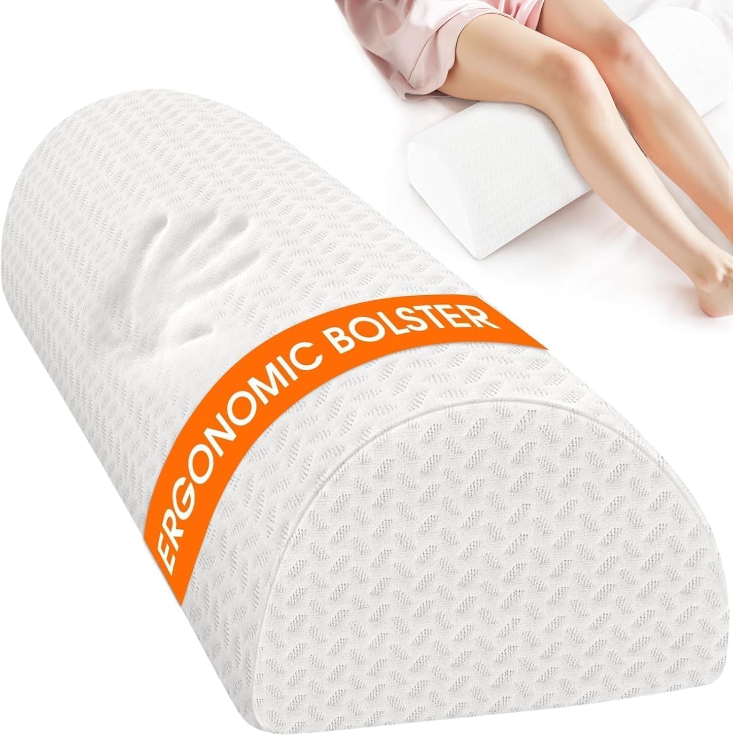 Large Knee Pillow for Side Sleepers, Half Moon Memory Foam Bolster Pillow for Legs, Ergonomic Design Wedge Elevation Pillow for Side & Back Sleeping, Under Knee Support, Foot, Ankle, Lumbar, White