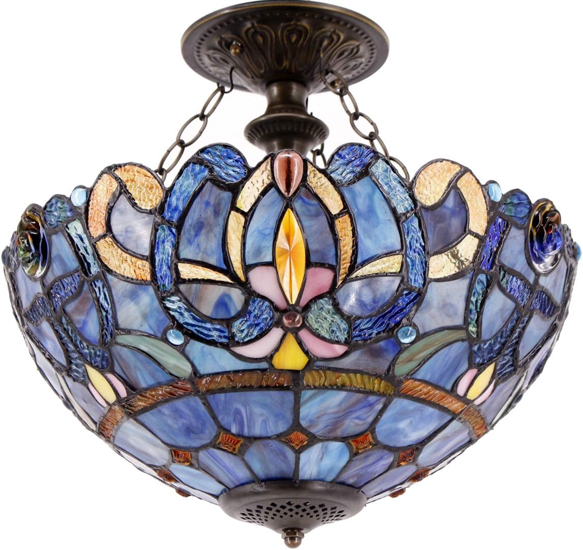 WERFACTORY Tiffany Ceiling Light Fixture Blue Purple Cloudy Stained Glass Semi Flush Mount Lamp Wide 16 Inch Height 15 Inch Tiffany Ceiling Lamp S558 Series