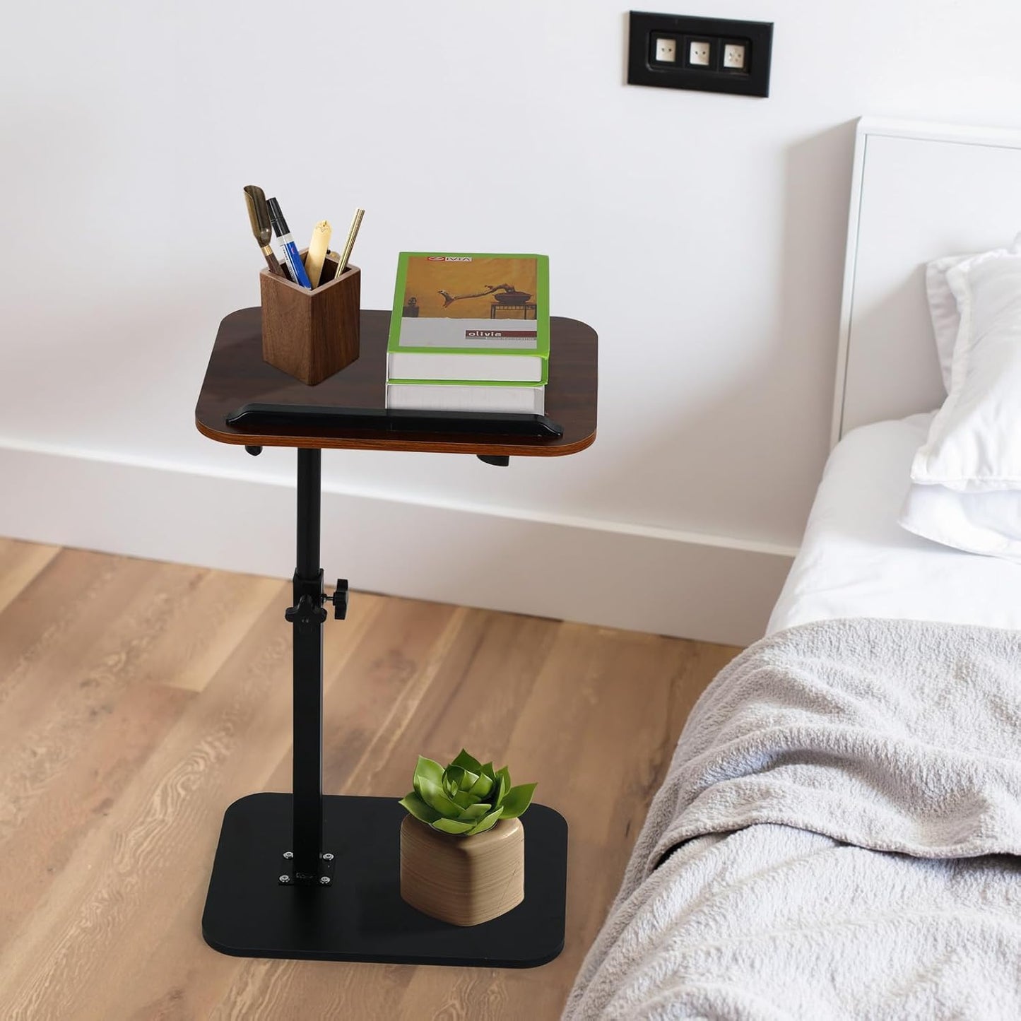 comfoyar C Shaped TV Tray for Couch, Adjustable Height Side Table with 360° Swivel 180° Flip for Small Space, End Table with Slat for Living Room Bedroom Laptop Snack. Walnut