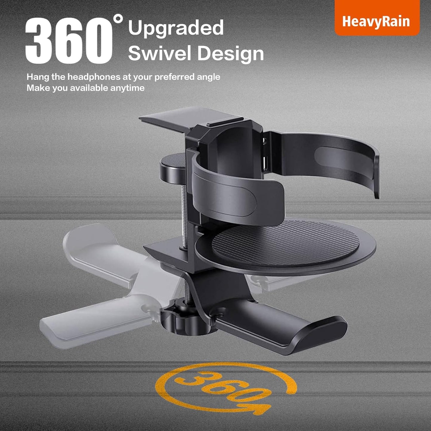 HeavyRain 3-in-1 Desk Cup Holder with Headphone Hook, Anti-Overflow Coffee Mug Holder for Desk, Sturdy Aluminum Clamp-on Cup Holder for Wheelchair, Couch, Office, Gaming Desk Accessories, Black