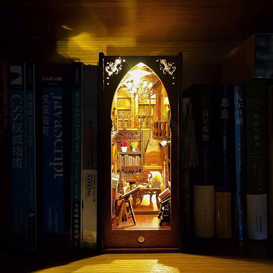 3D Wooden Magic Library Book Nook Kit - Enchanting Bookshelf Insert with Touch LED | DIY Bookend Decor | Ideal for Adults & Teens (Library)