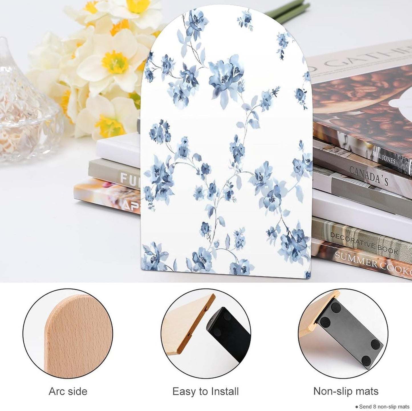 Blue Flower Floral Pattern Roses Wooden Bookend Non-Slip Book Ends Heavy Duty Book Stopper with Metal Base Books Holderd Decorative Bookends Stands Firmly for Office Supplies