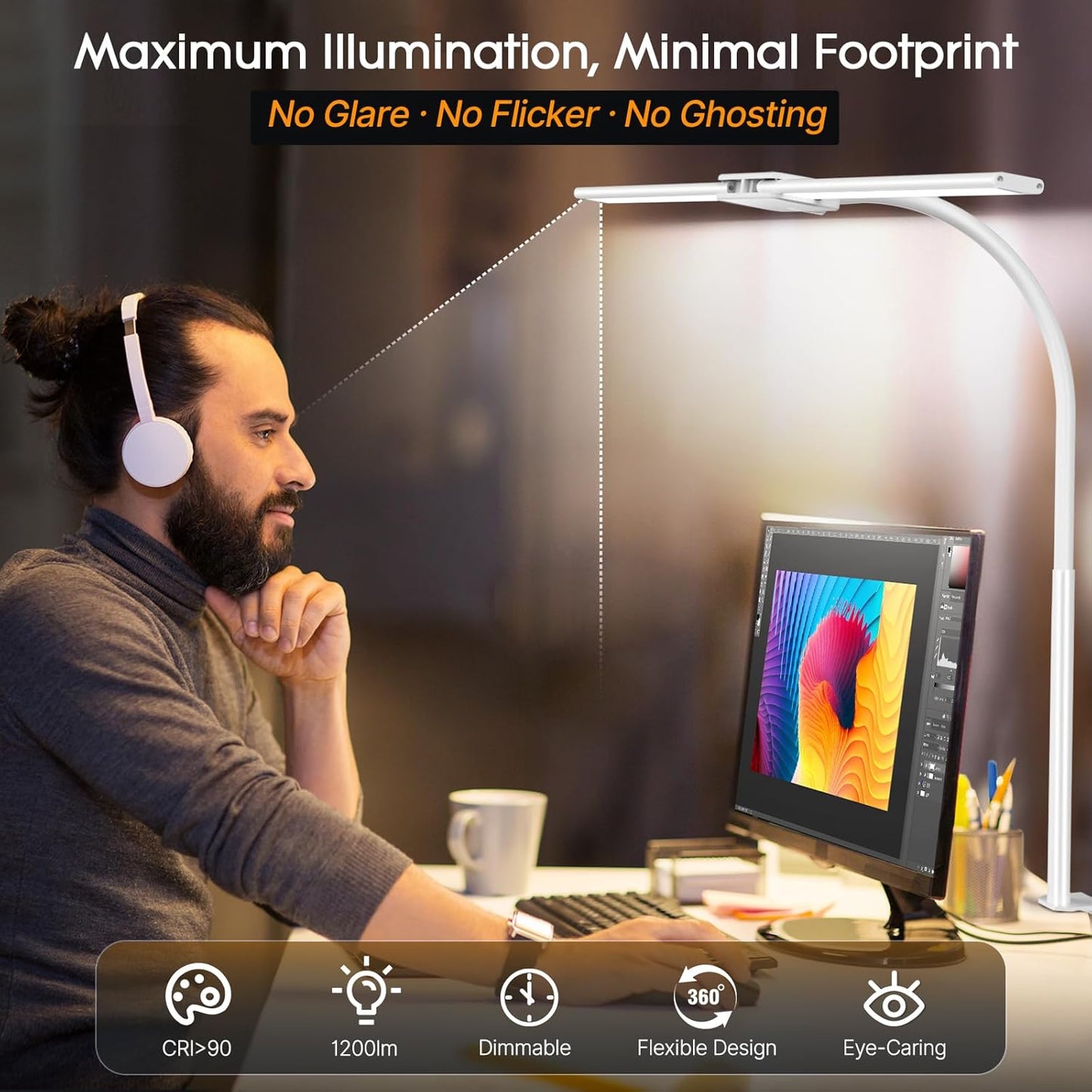 Syrinx LED Desk Lamp, Double Head Gooseneck Desk Lamps for Home Office with Gesture Switch & Wired Control, 12W Bright Modern Desk Light Eye-Caring Office Desk Lamp with Clamp for Crafting Reading