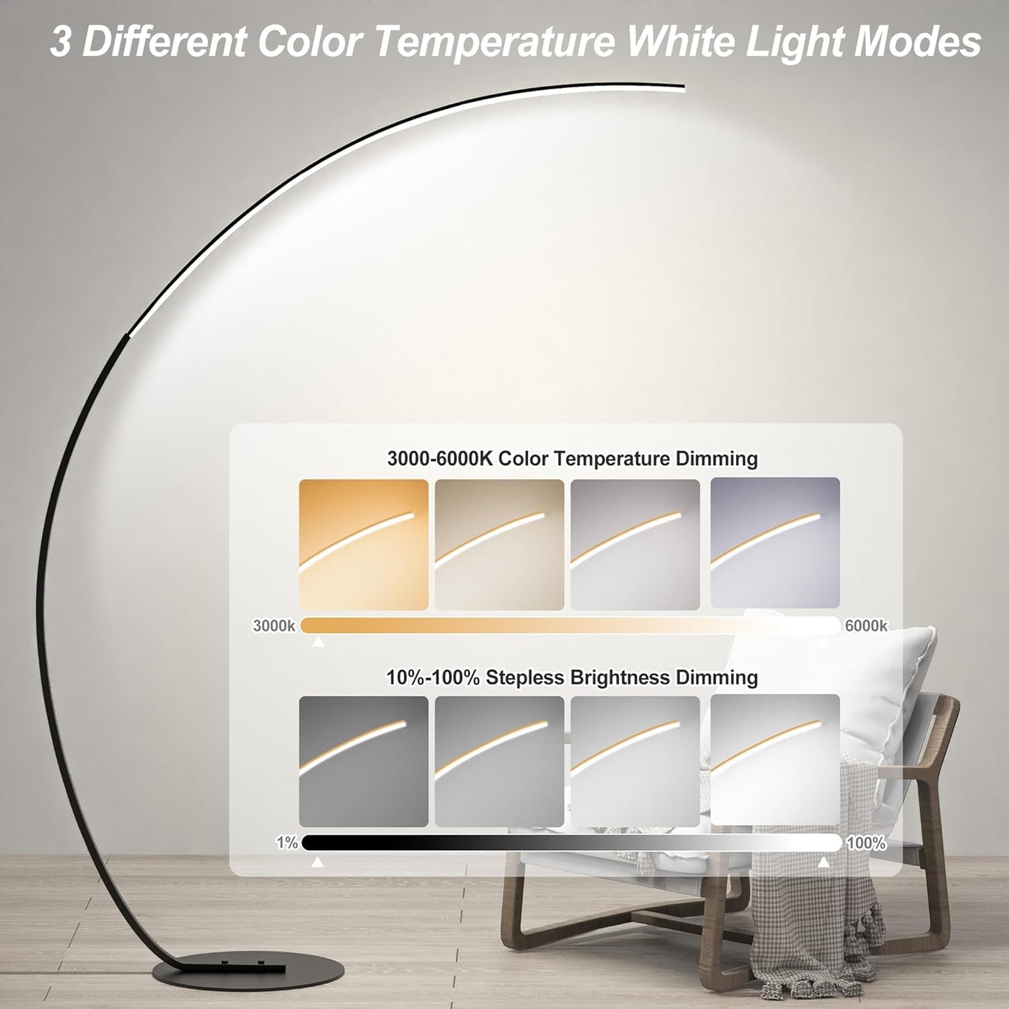 E.P. Light RGBW Modern 69.99 inch Arched Standing Reading Floor Lamp with Remote - Dimmable Black Led Color Changing Curved Ambient Lighting for Bedroom and Living Room