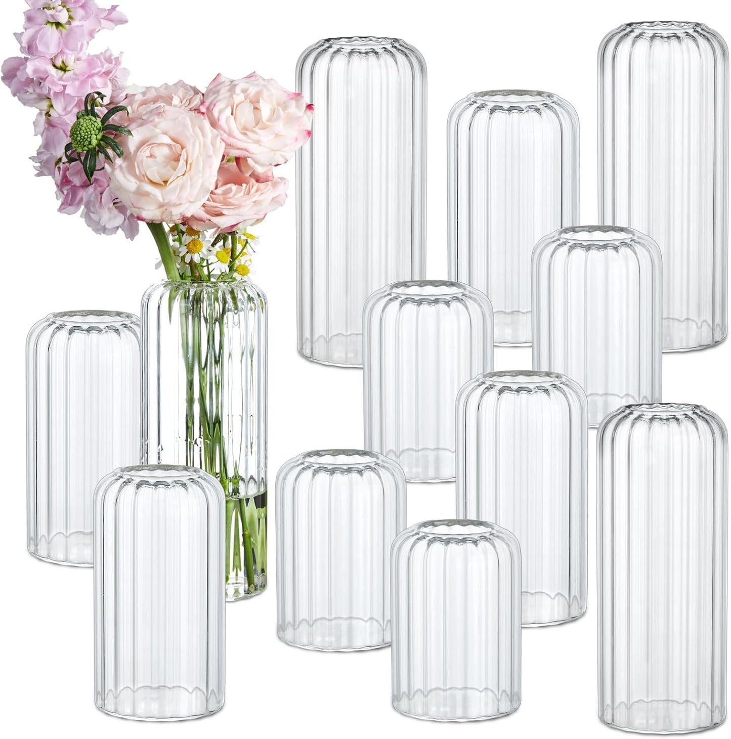 12PCS Bud Vases Set, Glass Vases for Flowers, Modern Cylinder Ribbed Vases for Wedding Centerpiece, Tall Clear Flower Vases in Bulk for Table Shelf, Party(Ribbed)
