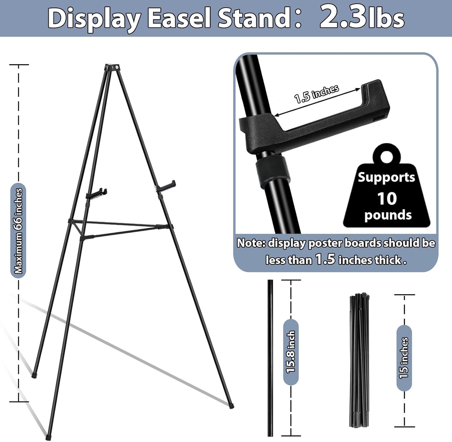 Easel Stand for Sign Picture Stands for Display, Photo Stand Floor Standing Tripod Black Easel with Support Rods, Welcome Board Stand for Wedding, Poster