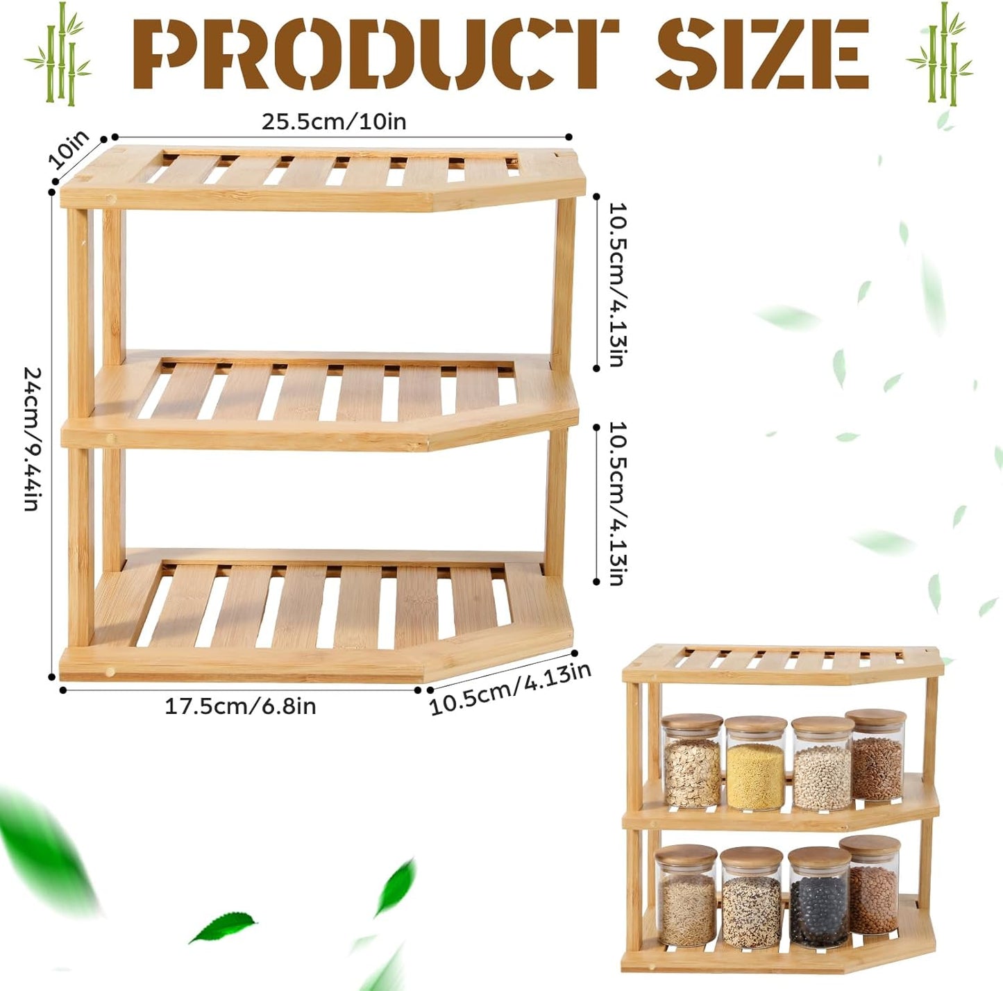 2 Pcs Corner Bamboo Shelf, Kitchen Cabinet Organizer Bamboo Bookshelf, Organizer Kitchen Shelves, Corner Cabinet Rack, Storage Shelves for Pantry Bathroom Dining Room Study Laundry