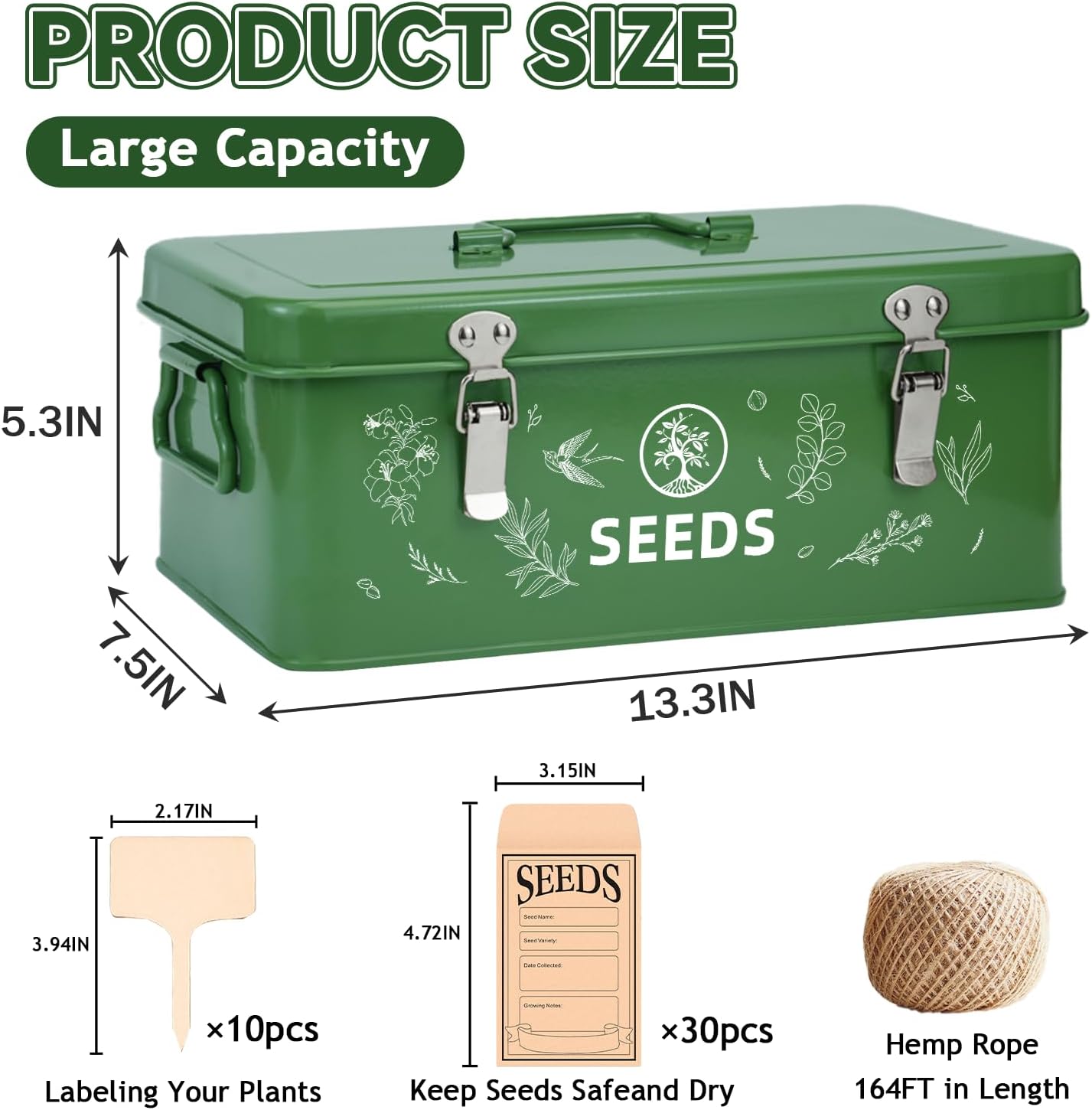 Seed Storage Box, Seed Storage Organizer with Garden String, 30 Seed Envelopes and Bamboo Plant Labels, 4 Compartments Garden Seed Organizer Box with Safety Locks, Dark Green