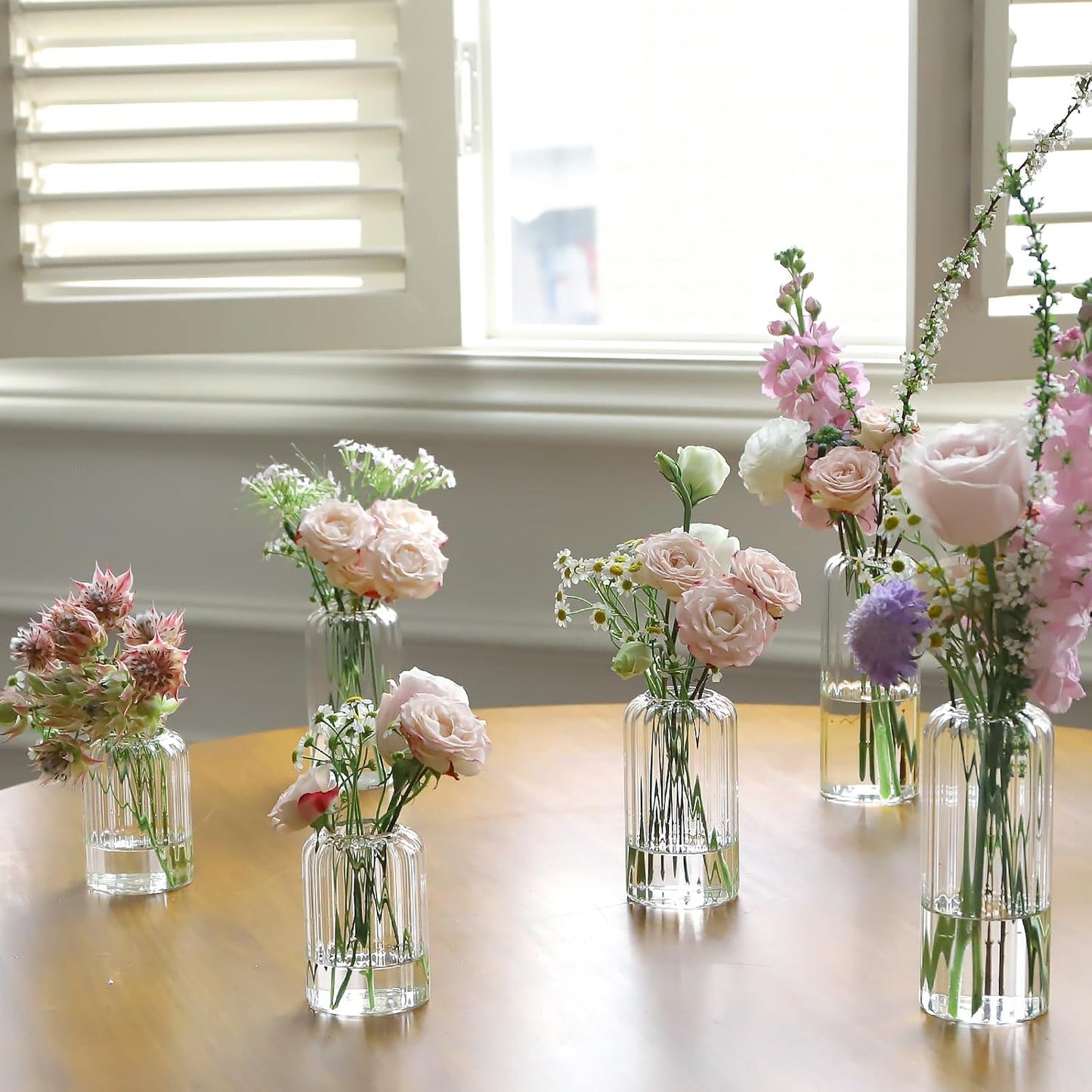 12PCS Bud Vases Set, Glass Vases for Flowers, Modern Cylinder Ribbed Vases for Wedding Centerpiece, Tall Clear Flower Vases in Bulk for Table Shelf, Party(Ribbed)