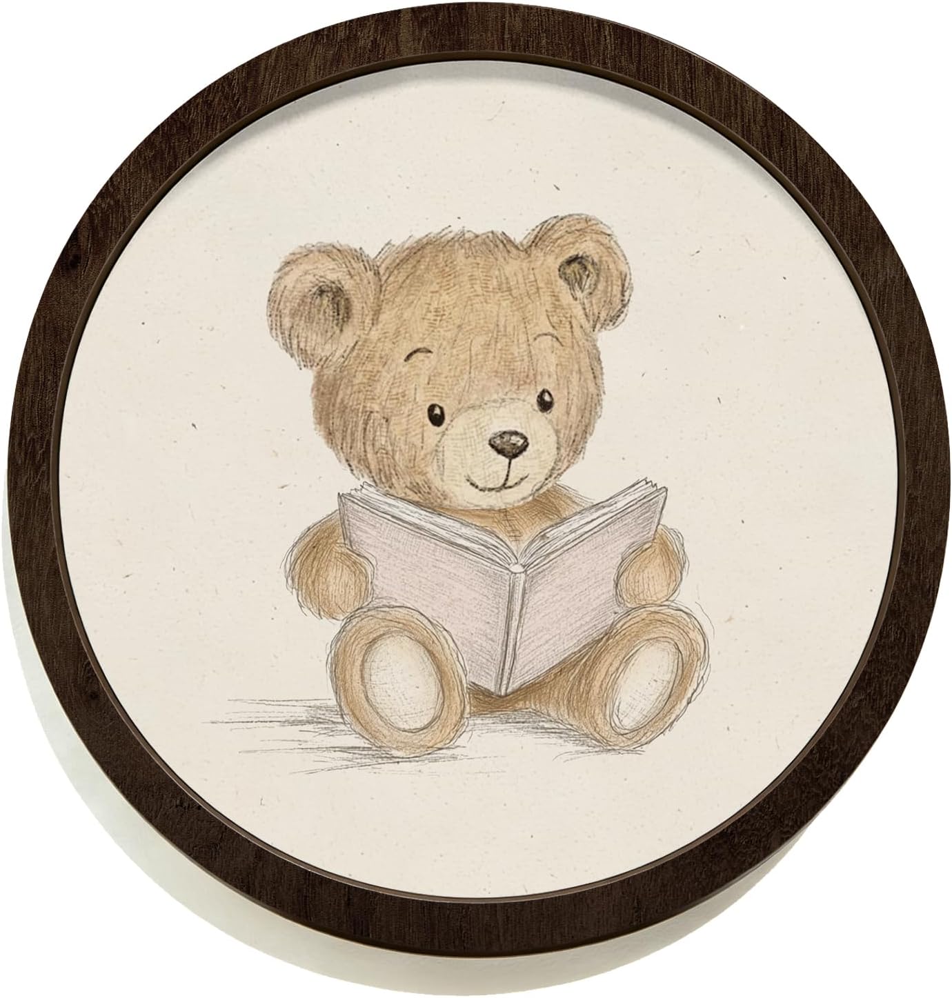 SkyCozy Bear Nursery Reading Book Framed Wall Art Decor, Neutral Baby Bear Animal Bookish Round Wooden Hanging Wall Decor for Reading Room Kids Boy Girl Nursery Bedroom Playroom, 10x10 Inch