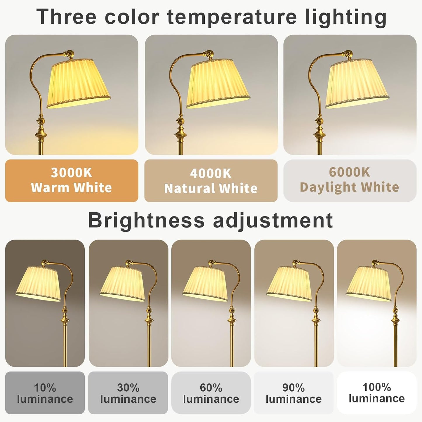 Gold Brass Floor Lamp with Fabric Shade,12W Smart Remote and Bluetooth Dimmable, Standing Lamps for Living Room Bedroom Farmhouse Office,Mid Century Rustic Vintage Antique Boho Tall Reading Light