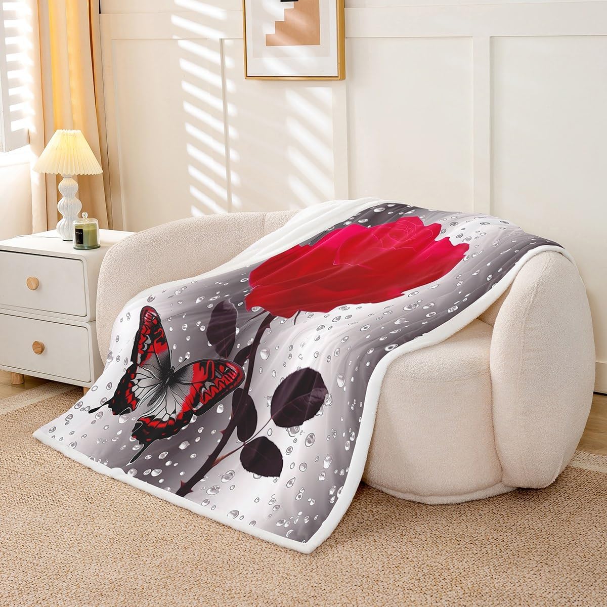 Feelyou Red Rose Sherpa Blanket Butterfly Decoration Plush Blankets and Throws Botanical Throw Blanket Soft Luxury Fuzzy Blanket for Bed Sofa Couch Twin