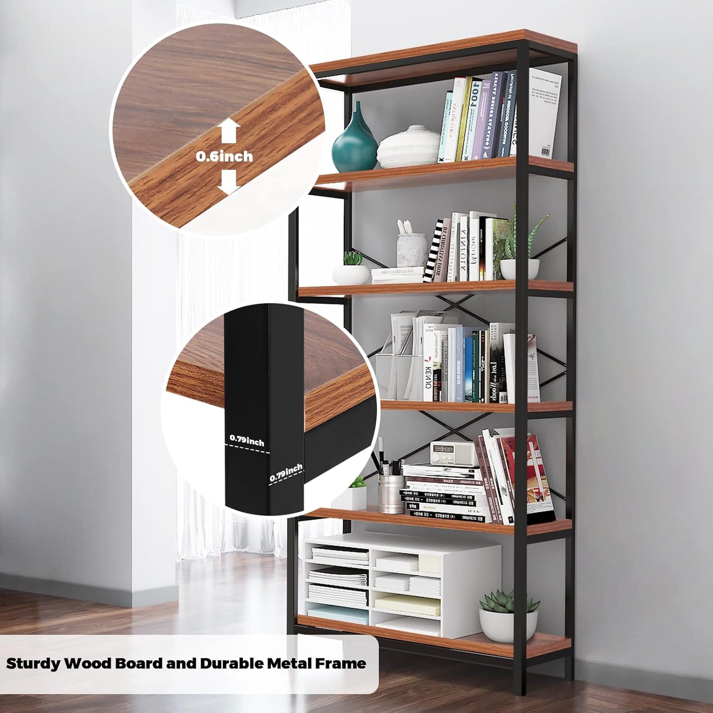 Himimi 6 Tier Industrial Bookshelf, Vintage Standing Storage Shelf, Display Shelving Units, Tall Bookcase, Industrial Metal Book Shelves for Living Room Bedroom and Home Office