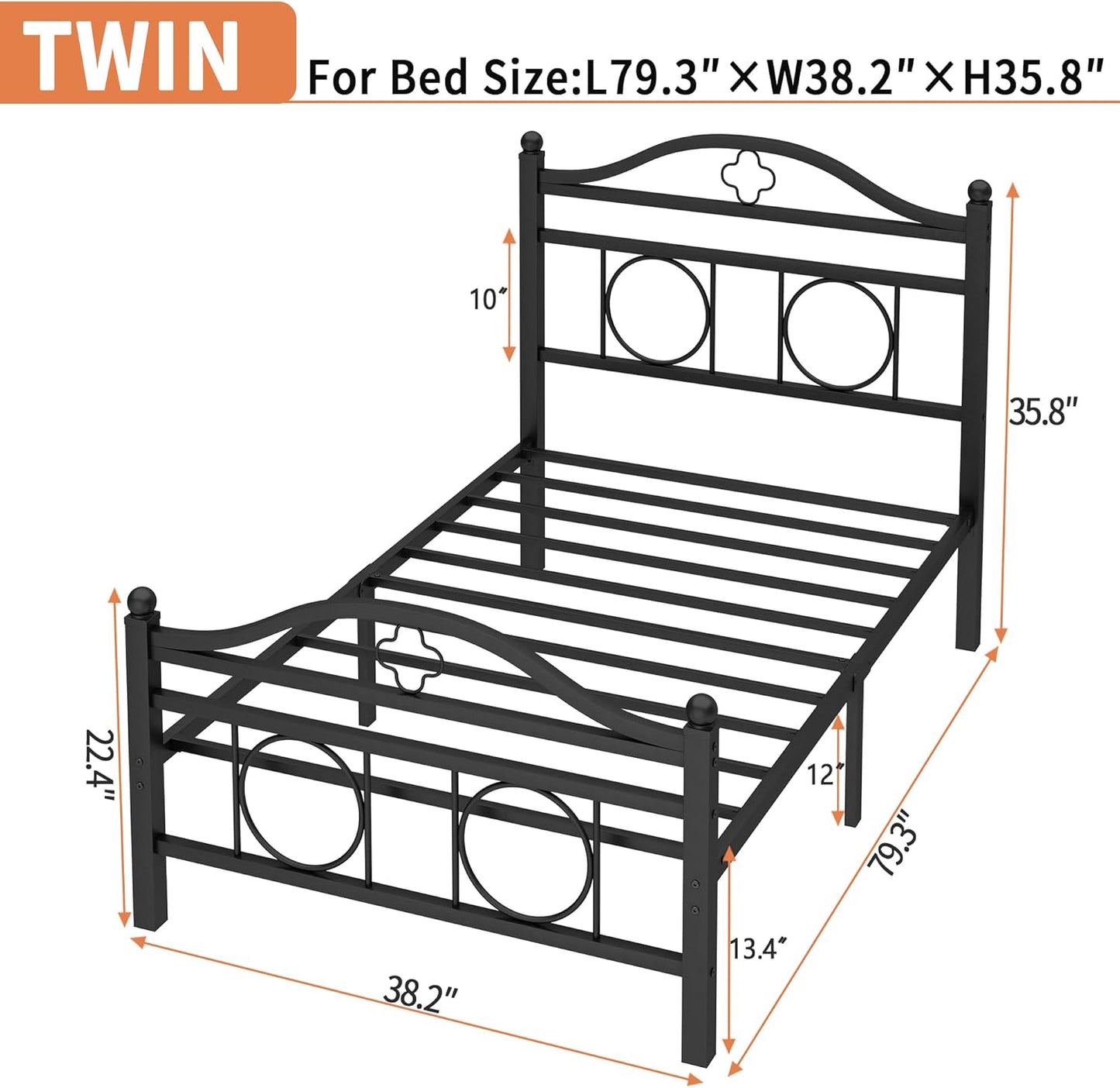 Twin Bed Frame with Headboard,Heavy Duty Steel Slats Support Mattress Foundation-Under Bed Storage, No Box Spring Needed, Noise Free