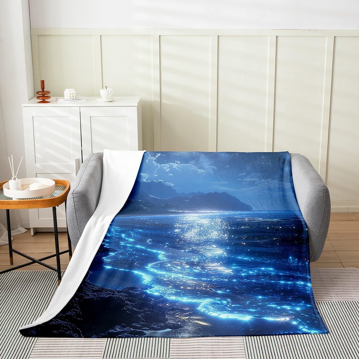 Feelyou Blue Ocean Fuzzy Blanket Beach Theme Flannel Fleece Throw Blanket for Kids Boys Girls Coastal Nautical All Season Bed Blanket Queen 90"x90" Starfish Seashell Conch Plush Blanket