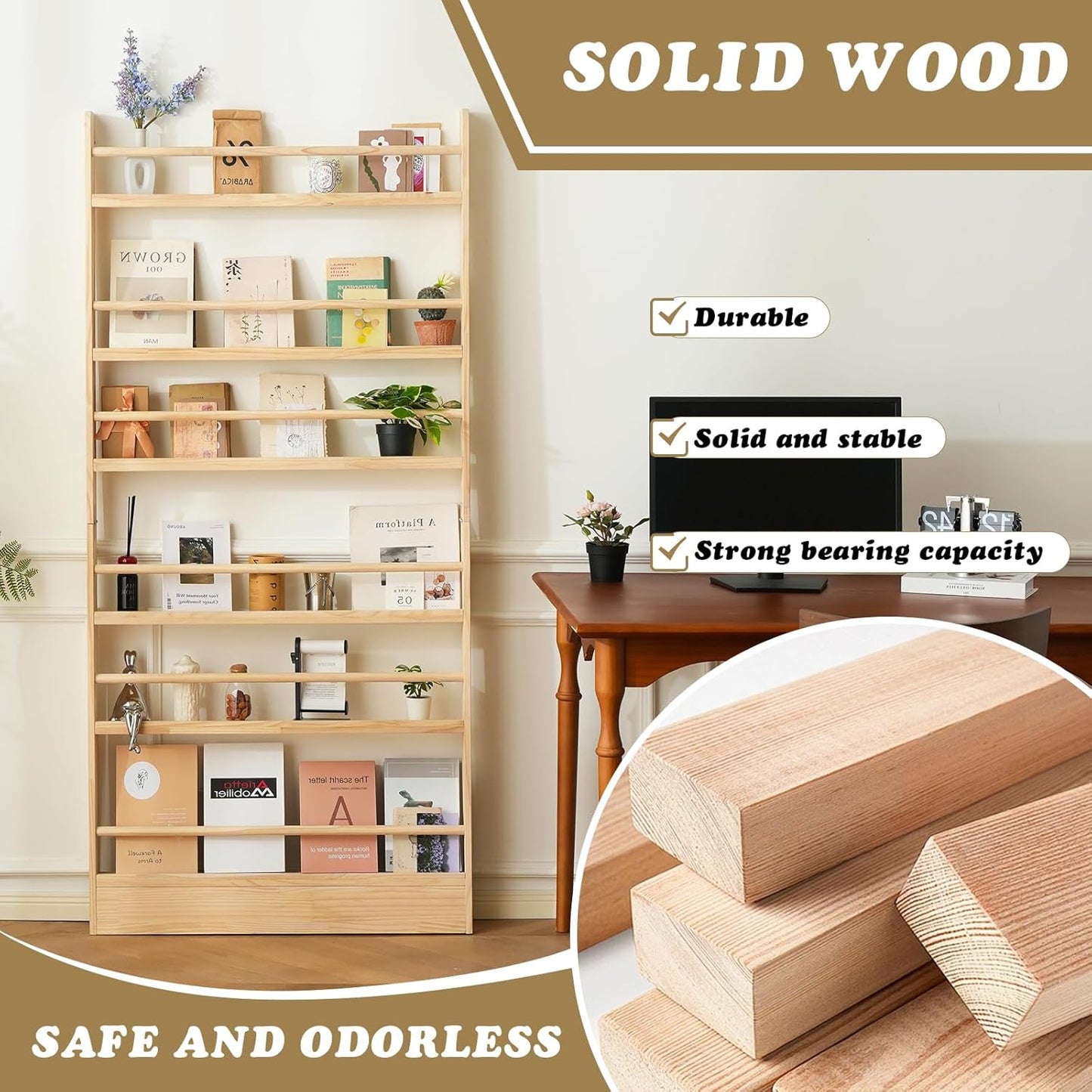Kids Bookshelf, 6 Tier Shelves Behind The Door Book Shelf Storage, Children's Solid Wood Bookcase Space- Saving, Wall Mount Bookshelf for Bedroom, Living Room, Office and Nursery（Natural Wood）