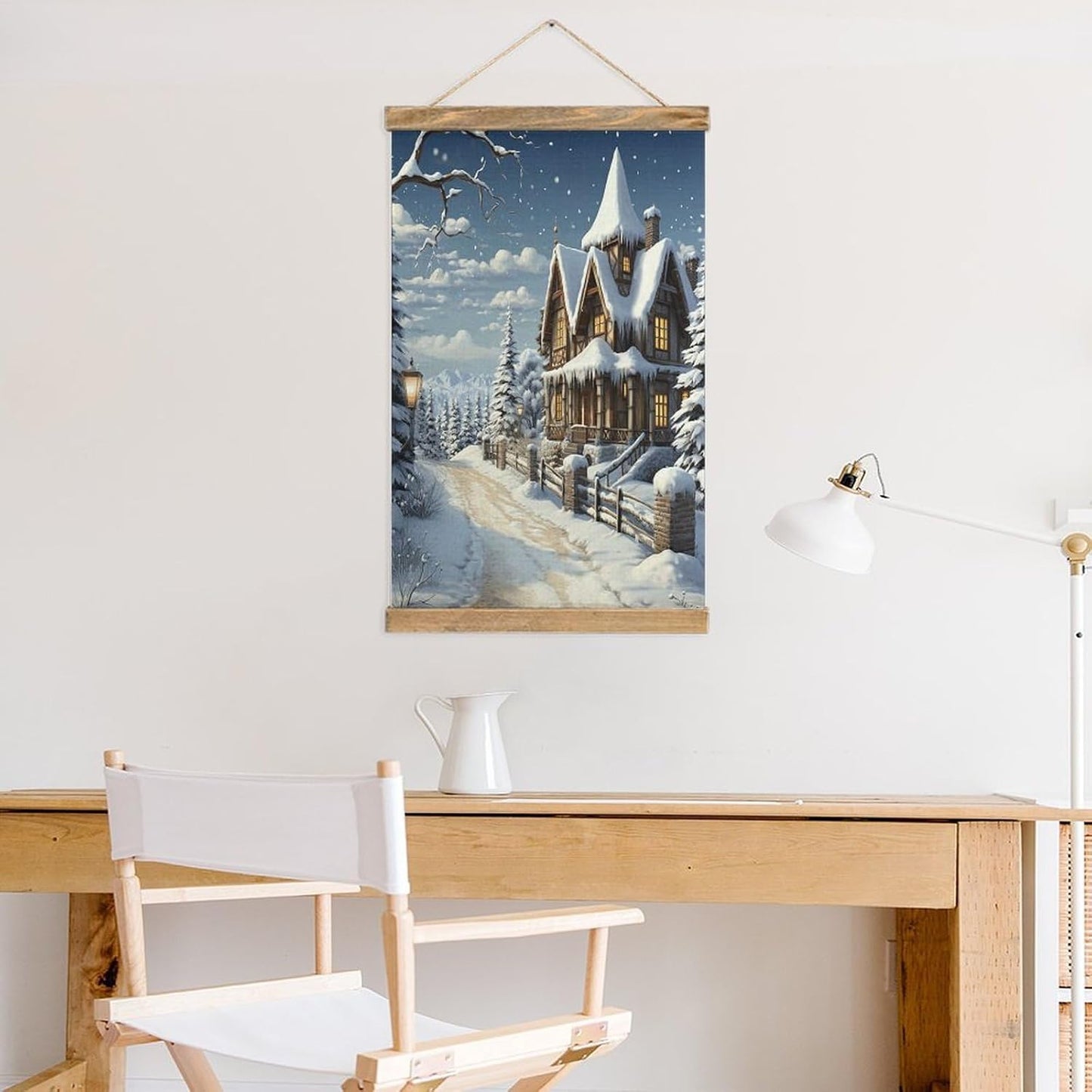 Vintage Christmas Winter Happy Scene Poster with Wooden Frame Personalized Linen Hanging Scroll Painting Rustic Wall Hanging Illustrative Modern Artwork Decor for Home Living Room Bedroom Office