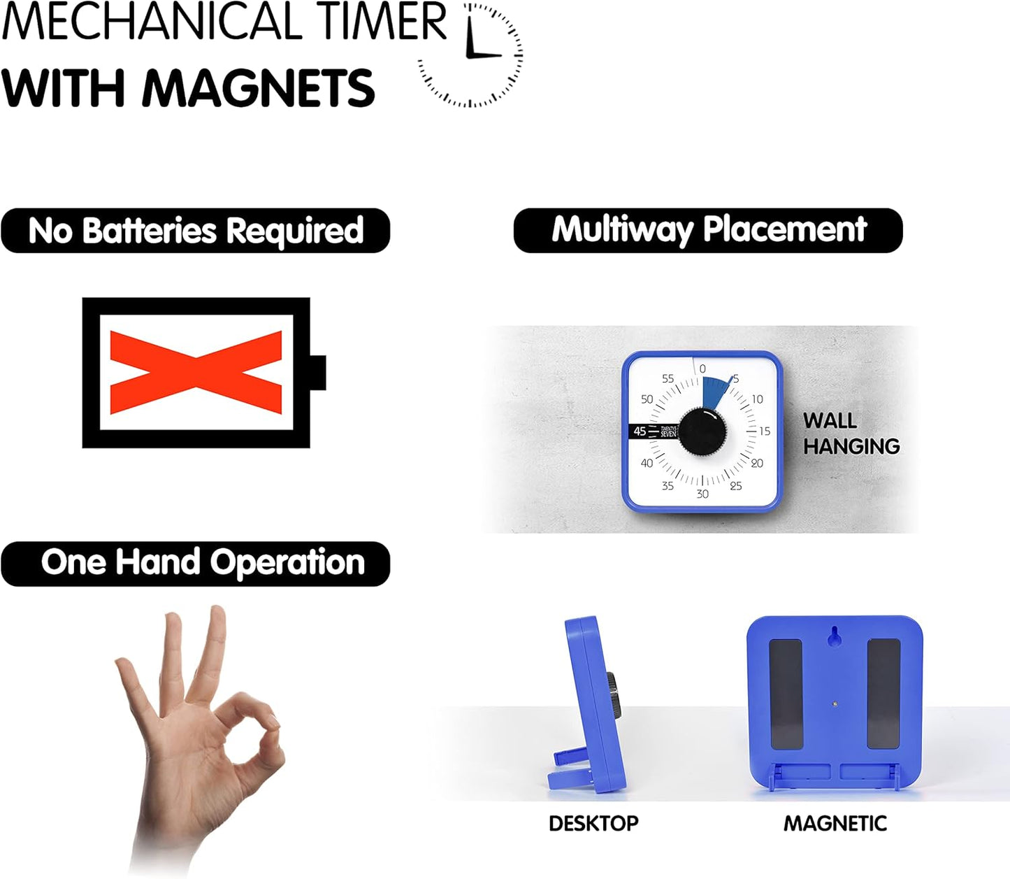 TWENTY5 SEVEN Countdown Timer 7.5 inch; 60 Minute 1 Hour Visual Timer – Classroom Teaching Tool Office Meeting, Mechanical Countdown Clock for Kids Exam Time Management Magnetic, Navy Blue