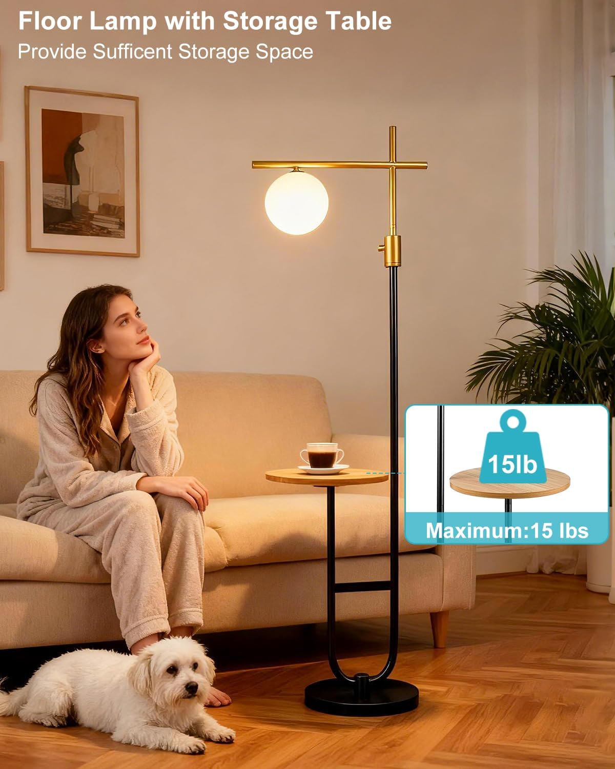 Floor Lamp with Shelves, Modern Standing Tall Lamp with Milky White Globe Lampshade, Cross-Shaped Lamp Head and U-Pole Base Style Floor Lamps for Living Room, 66IN Gold & Black Dimmable