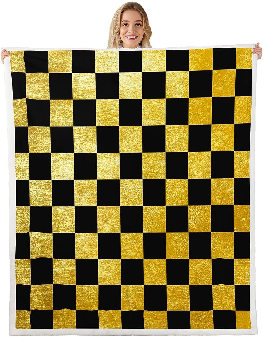 Feelyou Checkered Retro Throw Blanket Golden Black Plaid Soft Fleece Sherpa Cozy Fuzzy Plush Warm Geometric Vintage Fuzzy Plush Throw Modern Simple Groovy Aesthetic 40"x50" for Bed Couch Living Room