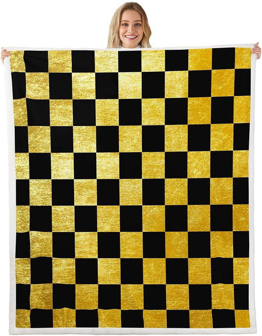 Feelyou Checkered Retro Throw Blanket Golden Black Plaid Soft Fleece Sherpa Cozy Fuzzy Plush Warm Geometric Vintage Fuzzy Plush Throw Modern Simple Groovy Aesthetic 40"x50" for Bed Couch Living Room
