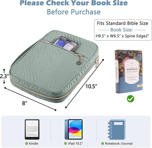 Quilted Bible Cover for Women, Zippered Organizer Bag with Sleeve for Study Supplies, Accessories & Journals, Church Carrying Gift for Girls, Book Carrying Case
