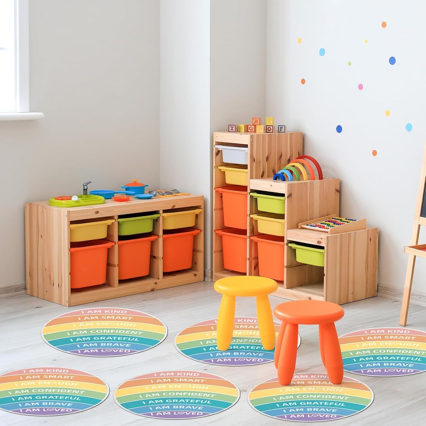 12 Pcs Carpet Circle Seats 15 Inch Positive Affirmations Round Classroom Rug for Non Slip Floor Cushions Mat for Back to School Nursery Learning Calm Down Corner Playing Areas Decor(Rainbow)