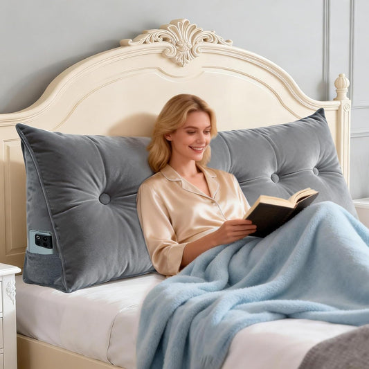 Headboard Pillow Queen, 59" Large Wedge Reading Pillow for Bed Sitting Up, Decorative Bolster Cushion Backrest for Sofa & Daybed, Soft Plush Cover with Side Pockets, Dark Grey