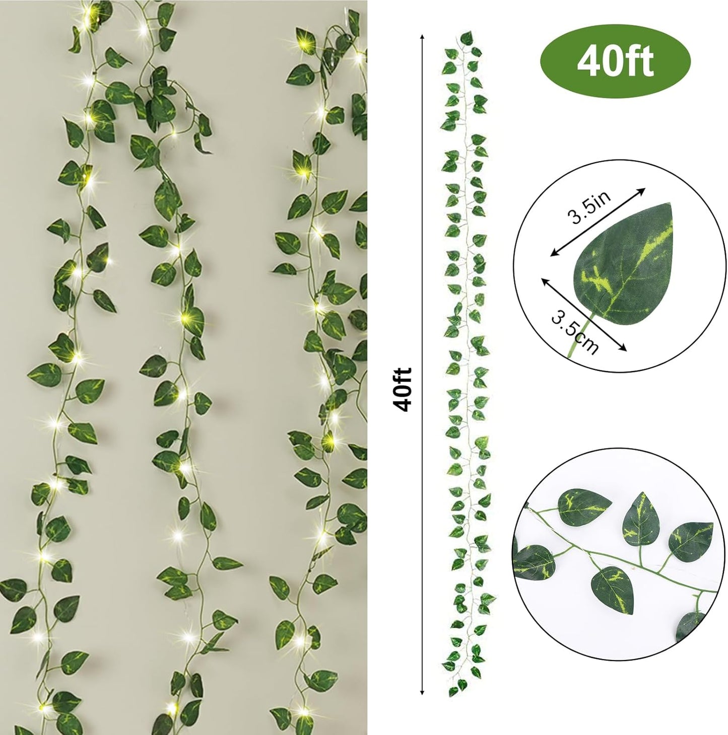 CEWOR Pothos Vine with Fairy Lights Battery Operated, 40ft 120 LED Ivy String Lights, Artificial Ivy Garland with Lights for Bedroom, Room, Wall, Garden, Party, Wedding Decor