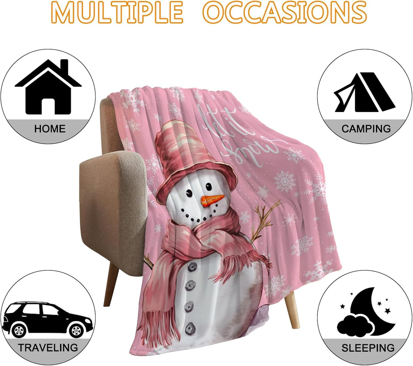 YeeJu Christmas Decorative Throw Blanket Pink Cute Snowman Throw Blanket for Couch Sofa Bed Soft Cozy Let It Snow Fuzzy Plush Fleece Blankets and Throws Xmas Blanket 50x60