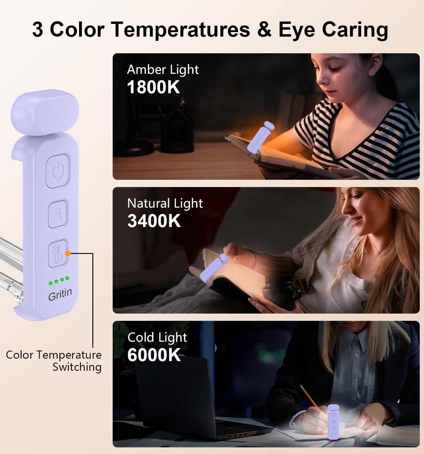 Gritin Reading Light, Book Light for Reading in Bed - Eye Caring 3 Colors, 5-Level Dimmable Brightness,Long Lasting, Compact Size Rechargeable Clip on Book Reading Light for Book Lovers-Purple