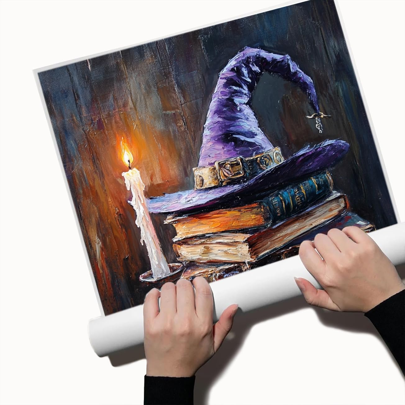 Witch Hat and Antique Books Wall Art Print – Magical Candlelight Painting for Witchcore Academia or Halloween Library Decor Vintage Fantasy Aesthetic 12x16in Unframed