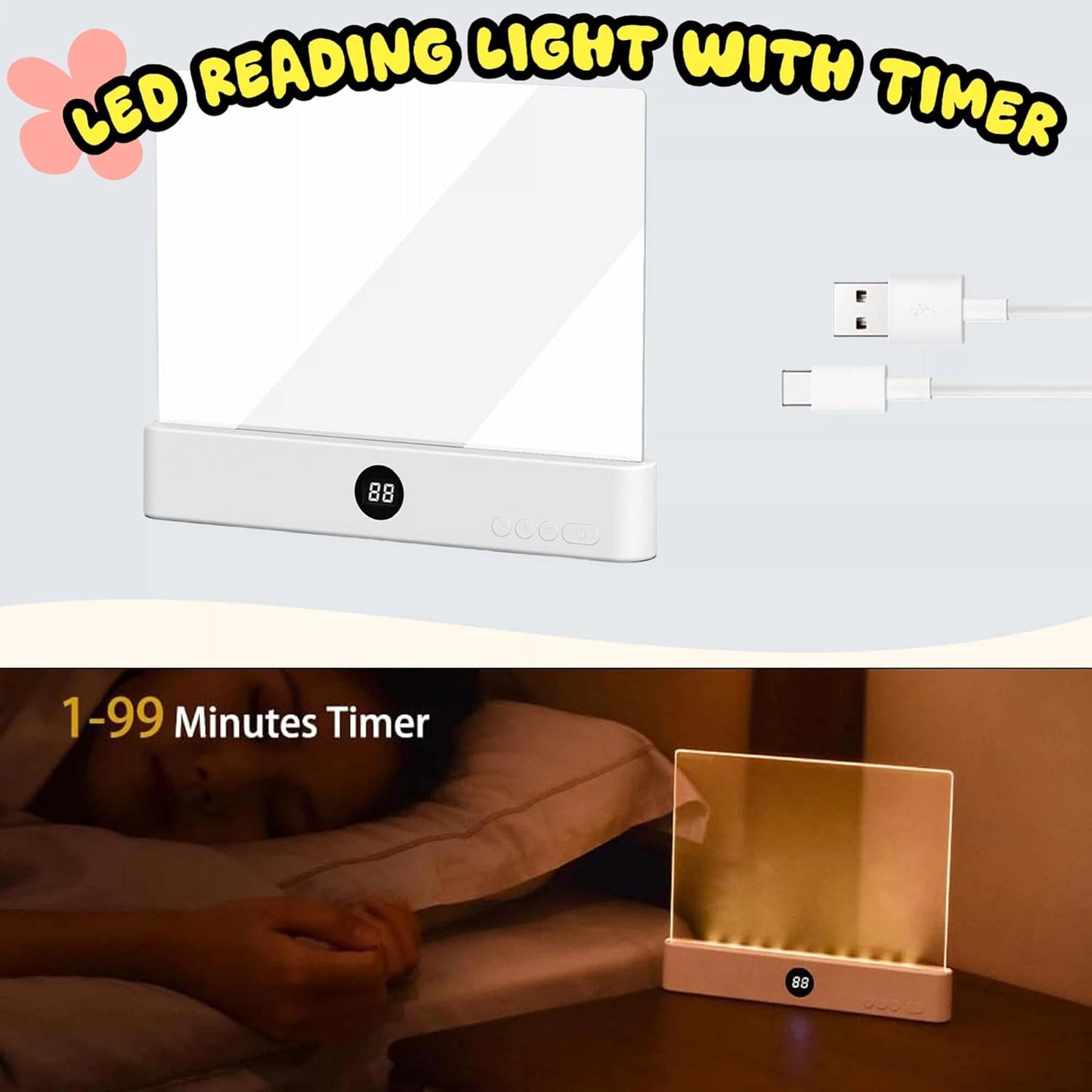 Book Light for Reading in Bed, Rechargeable Reading Light with 3 Color Modes & Timer, Dimmable LED Page Light for Kids, Women, Men - Perfect Night Reading Lamp & Gift for Book Lovers (White)