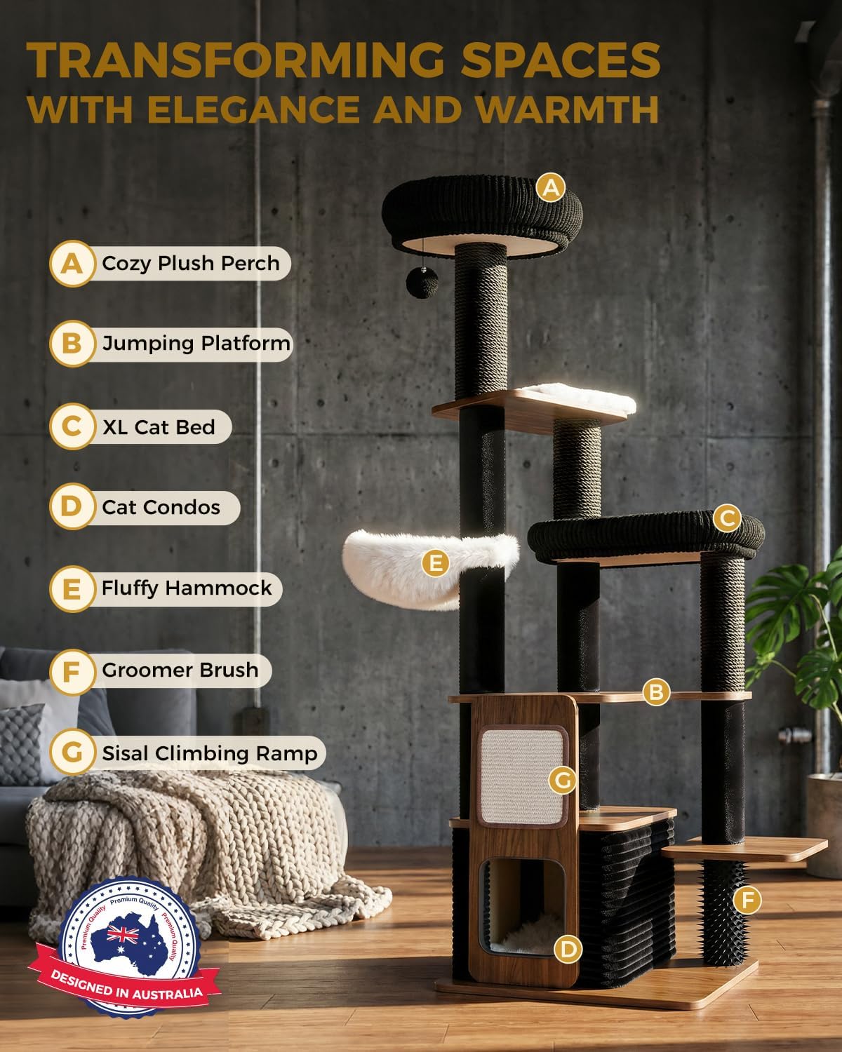 63" Modern Cat Tree Tower for Indoor Cats, Heavy Duty Cat Trees for Large Cat, Adult Maine Coon Cat Tree Tower with Scratching Post, Extra Large Top Perch, Cat Condos, Jet Black